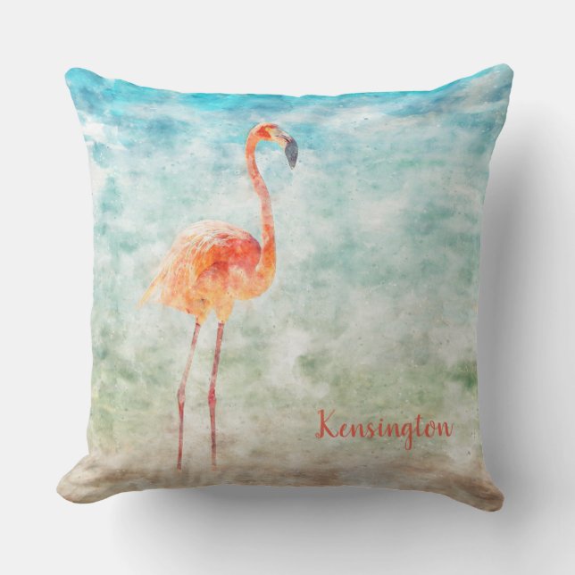 Custom Watercolor Pink Flamingo | Tropischer Stran Kissen (Vorderseite)