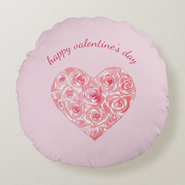 Custom Watercolor Rose Heart Valentine's Day Rundes Kissen (Vorderseite)