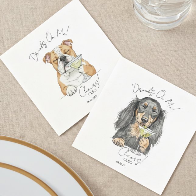 Custom Watercolor Wedding Dog Drinks auf mir Serviette (Choose your dog's breed and personalize these Custom Watercolor Wedding Dog Drinks On Me Napkins!)