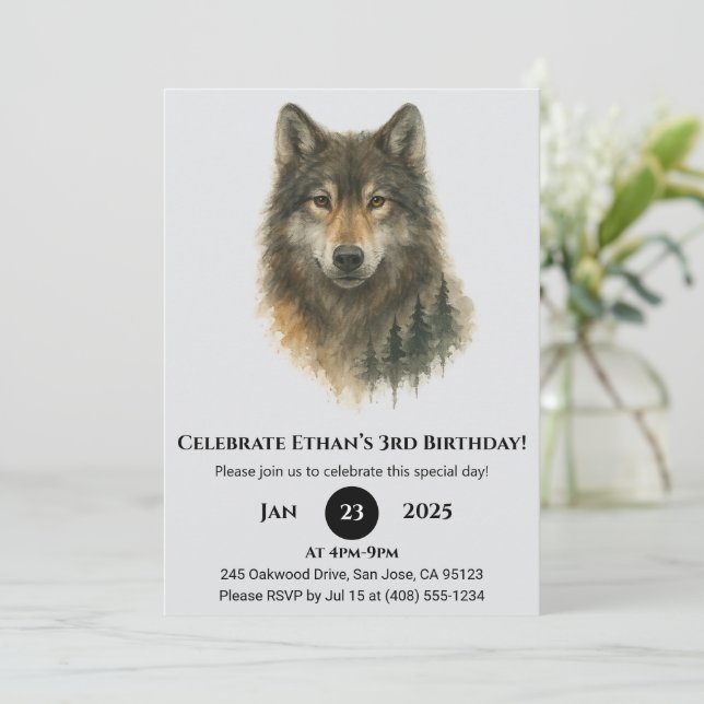 Custom Watercolor Wolf Birthday  Einladung (Stehend Vorderseite)