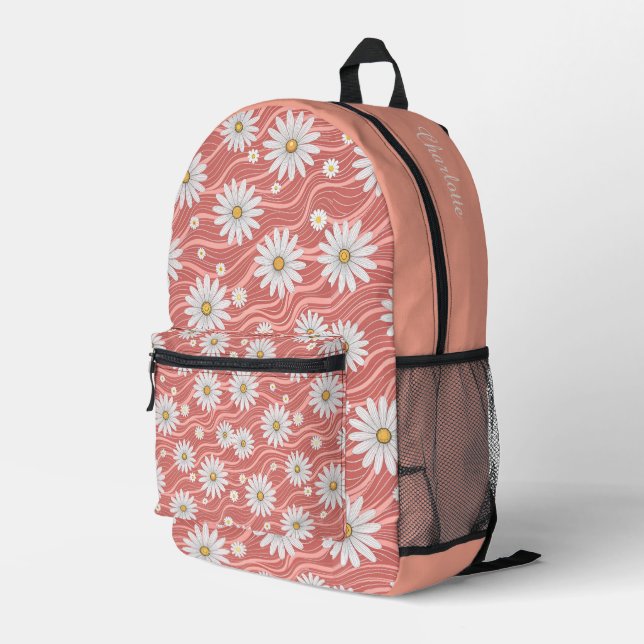 Custom Wavy Pink Daisies Bedruckter Rucksack (Rückseitige Ecke Rechts)