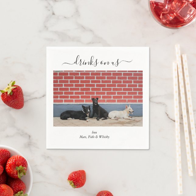 Custom Wedding 3 Dogs Drinks on Us Pet Fun Photo Serviette (Beispiel)