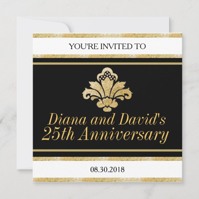 Custom Wedding Anniversary Black Gold Einladung (Vorderseite)