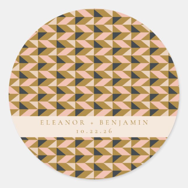 Custom Wedding Blush Gold Black Geometric Chic Runder Aufkleber (Vorderseite)