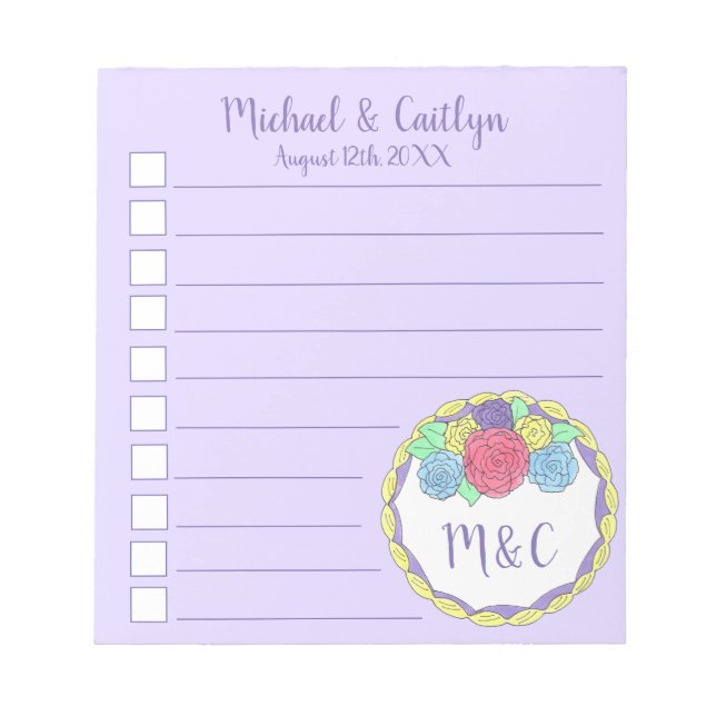 Custom Wedding Checklist Lila Floral Cake Gefallen Notizblock (Vorderseite)