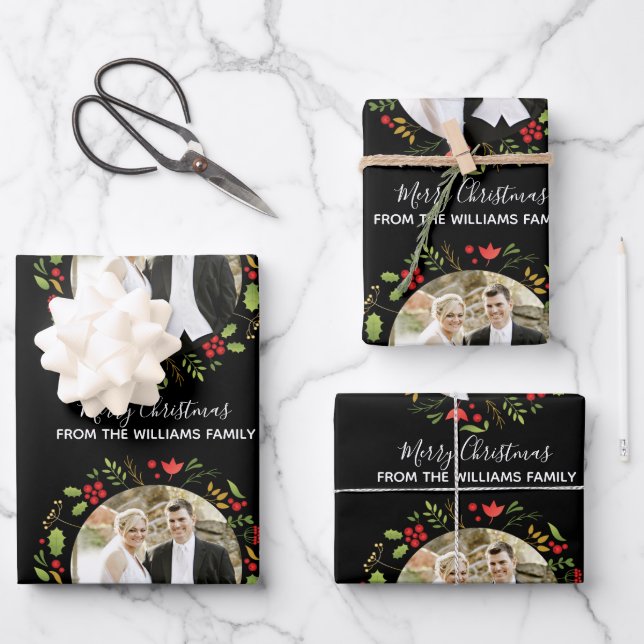 Custom Wedding Couple Weihnachts Foto Chic Black Geschenkpapier Set (Vorderseite)