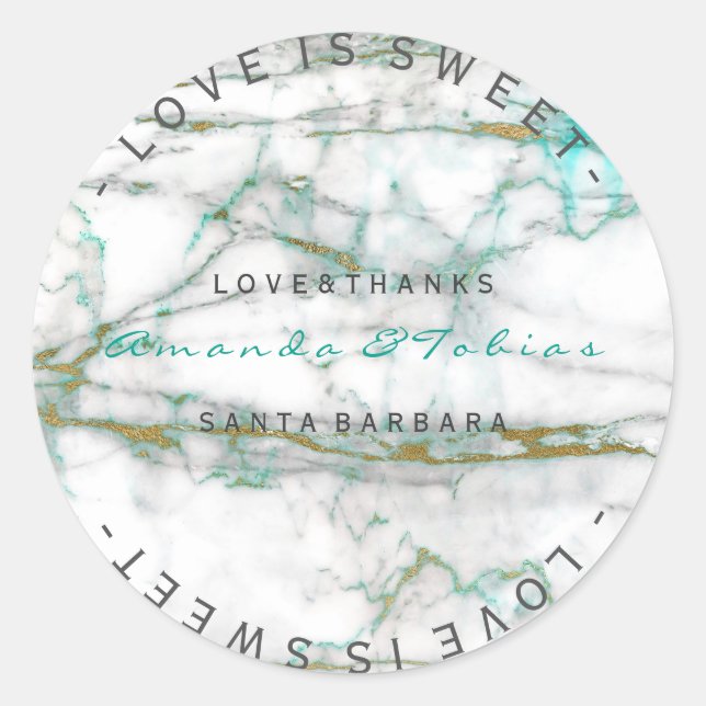 Custom Wedding dank Mint Gold Weißmarmor Runder Aufkleber (Vorderseite)