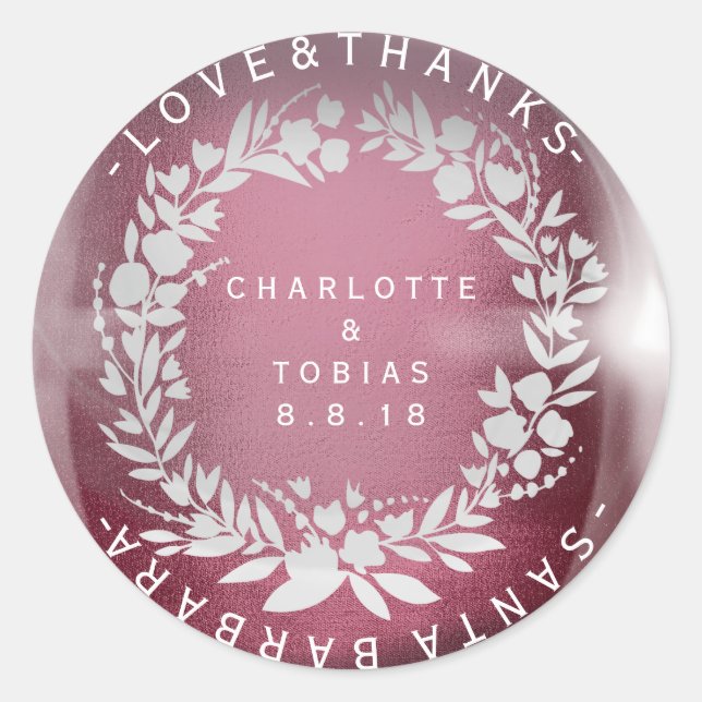 Custom Wedding danke Wreath Burgundy White Glass Runder Aufkleber (Vorderseite)