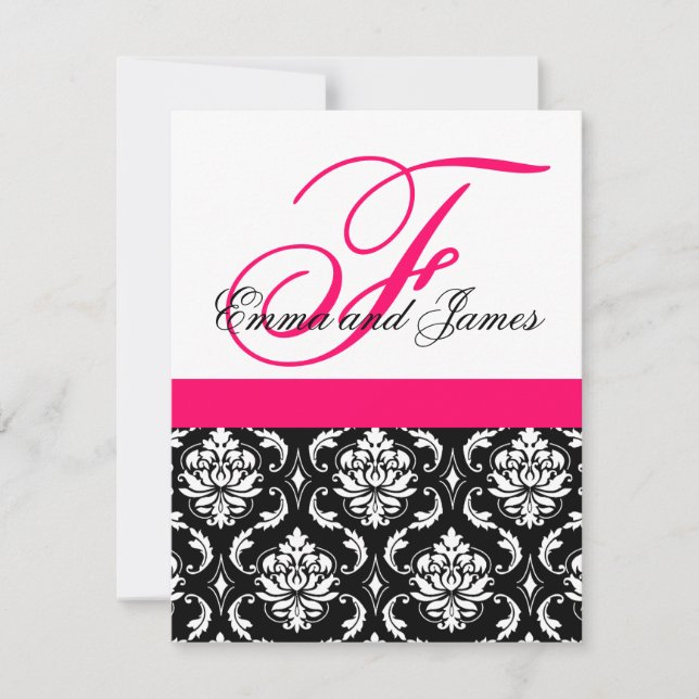 Custom Wedding Einladung Monogram Fushia Damask (Vorderseite)