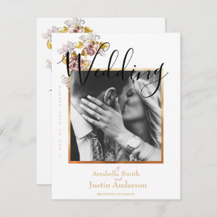 Custom Wedding Foto Floral Gold Script Weiß Einladung