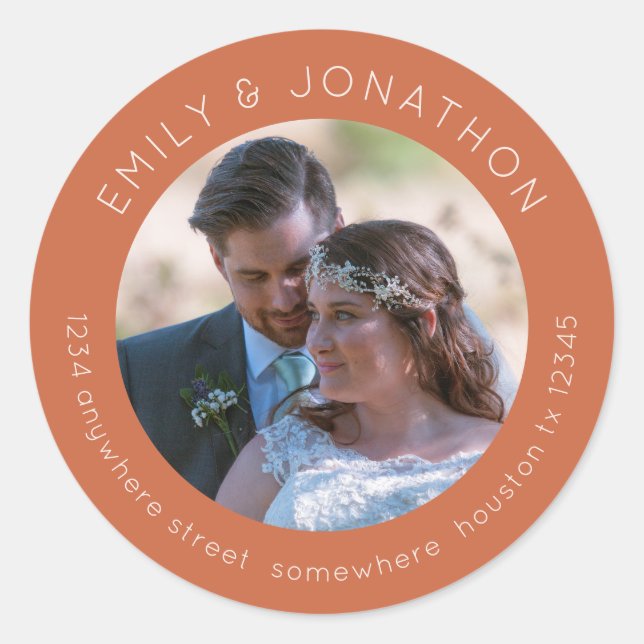 Custom Wedding Foto Rücksendeadresse Terracotta Runder Aufkleber (Vorderseite)