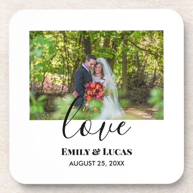 Custom Wedding Foto Simple Elegante Calligraphy Getränkeuntersetzer (Vorderseite)