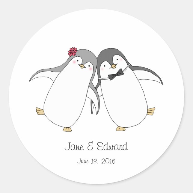Custom Wedding Gefallen Sticker Niedlich Pinguine  (Vorderseite)