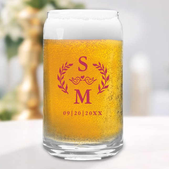 Custom Wedding Monogram Wreath Wappen Magenta Red Dosenglas (Custom Wedding Monogram Wreath Crest Magenta Red Can Glass)