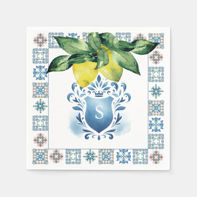 Custom Wedding Napkins Amalfi Tile und Zitronen Serviette (Vorderseite)
