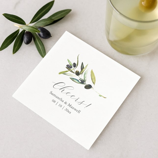 Custom Wedding Napkins Simple Olive Branch Serviette (a flat lay of olive wedding theme cocktail napkins watercolor art by Victoria Grigaliunas)