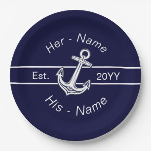 Custom Wedding Nautical Anchor Navy Blue Pappteller