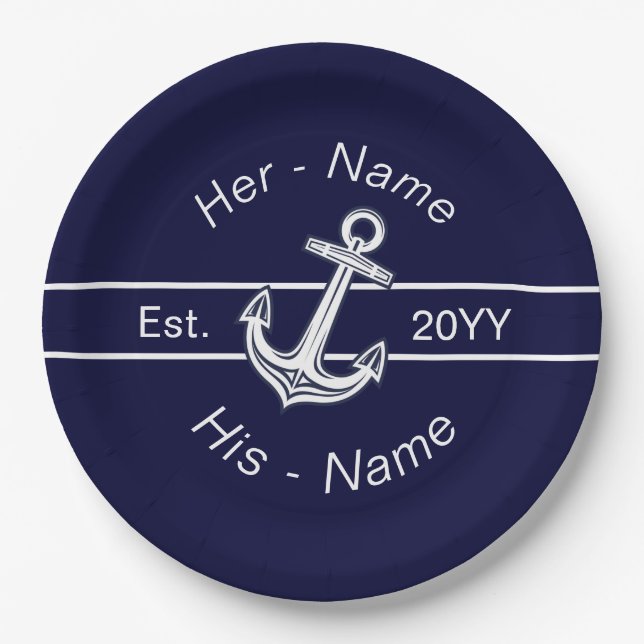 Custom Wedding Nautical Anchor Navy Blue Pappteller (Vorderseite)