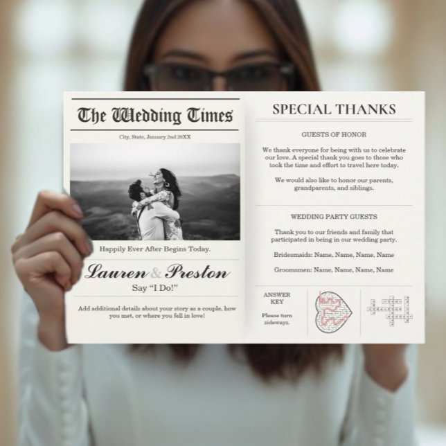 Custom Wedding Newspaper - Fun Guest Activity Book Einladung (Newspaper Wedding - Party Games Crossword)