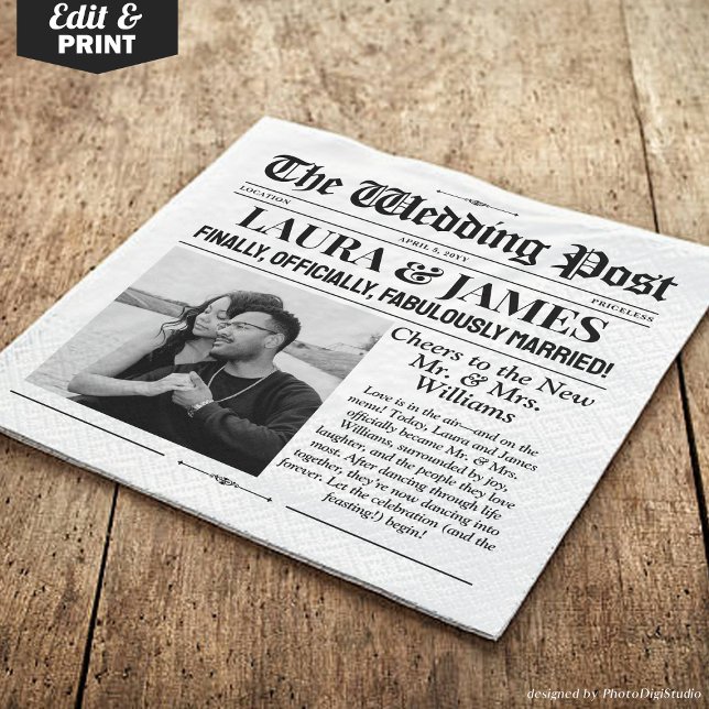 Custom Wedding Newspaper Napkins | Registerkarte " Serviette (Custom Wedding Newspaper Napkins | Fun Wedding Tab)