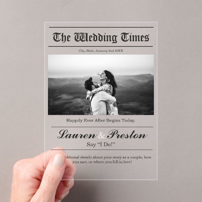 Custom Wedding Newspaper - Save the Date Acrylic  Acryleinladungen (Insitu (Handheld))