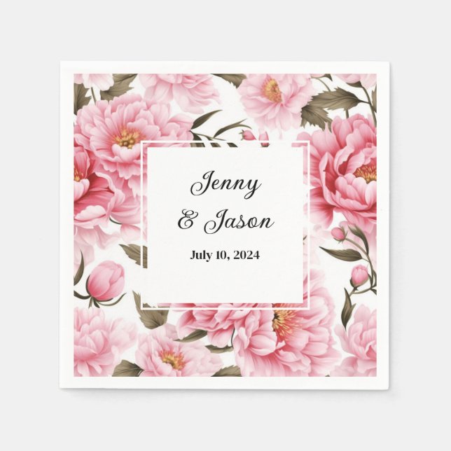 Custom Wedding Pink Peonies Paper Napkins Serviette (Vorderseite)