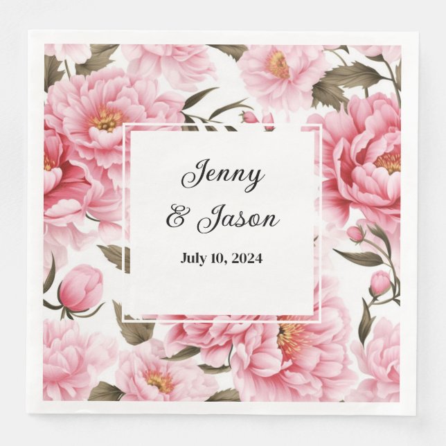 Custom Wedding Pink Peonies Paper Napkins Serviette (Vorderseite)