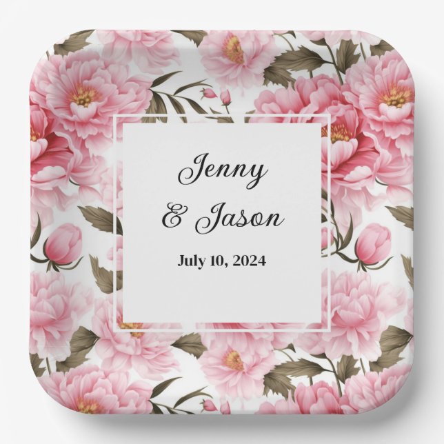 Custom Wedding Pink Peonies Paper Teller (Vorderseite)