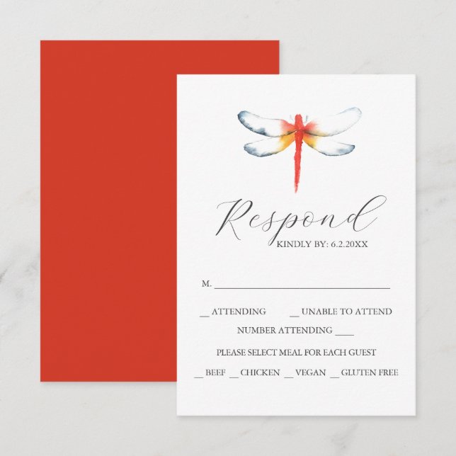 Custom Wedding RSVP Cards Red Dragonfly Karte (Vorne/Hinten)