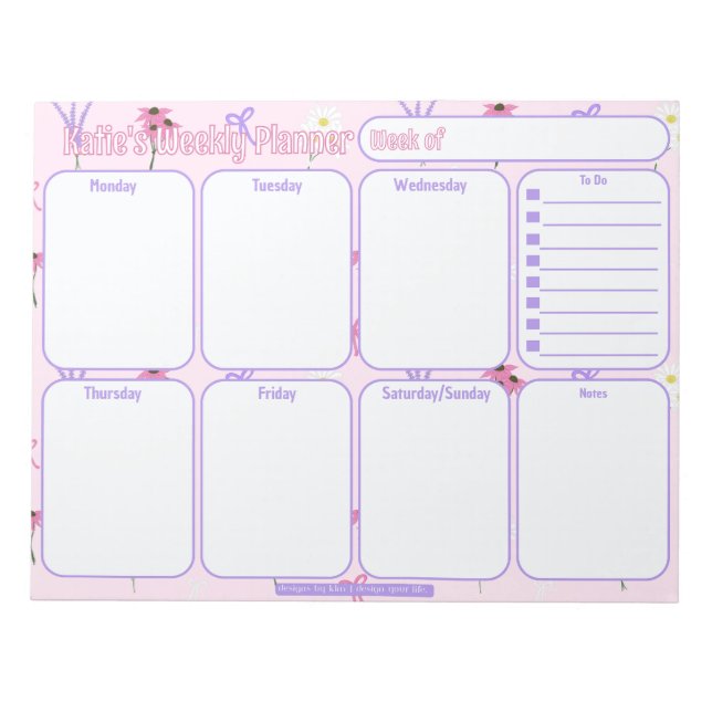 Custom Weekly Planner | Muster für Wildblumen und  Notizblock (Vorderseite)