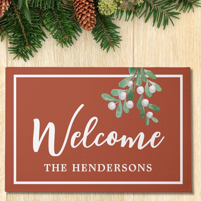 Custom Welcome Mistletoe Rust Holiday Christmas Do Fußmatte (Von Creator hochgeladen)