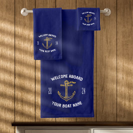 Custom Welcome on Board Name Navy Blue & Gold Badhandtuch Set