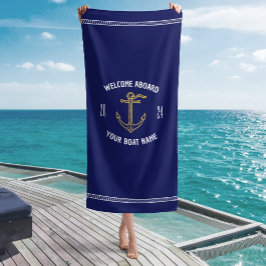 Custom Welcome on Board Name Navy Blue & Gold Strandtuch
