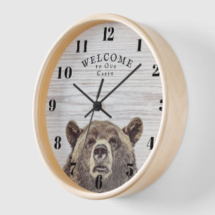 Custom Welcome Rustic Wood Cabin Peekbär Uhr