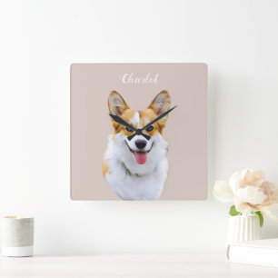 Custom Welsh Corgi Dog Personalisiert Zeichnend Quadratische Wanduhr