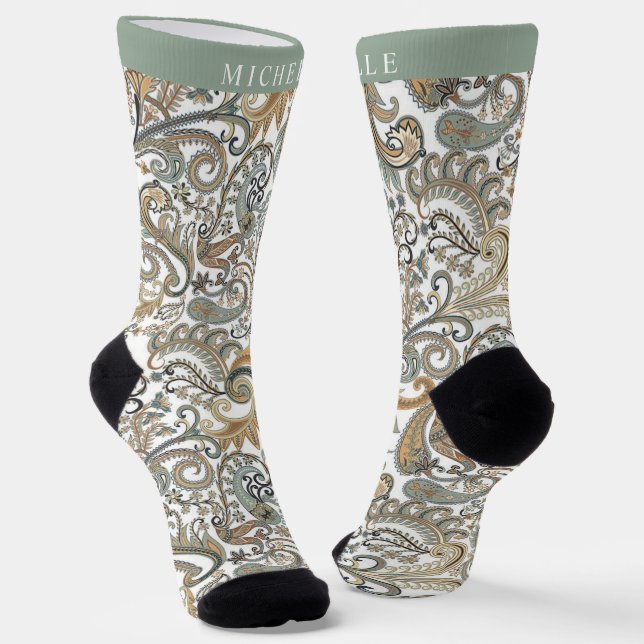Custom WHhite Black Gold Gray Paisley Muster Socken (Gewinkelt)