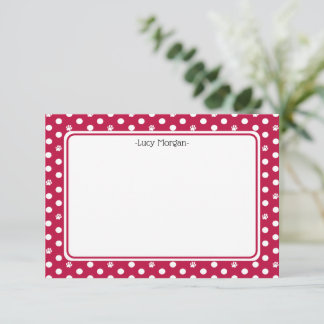 Custom Whimsical Paw Print Polka Dot Red Note Karte