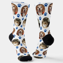 Custom White 2 Pet Foto Blue Paw Prints Socken