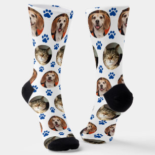 Custom White 2 Pet Foto Blue Paw Prints Socken