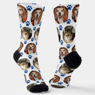 Custom White 2 Pet Foto Blue Paw Prints Socken
