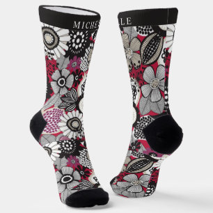 Custom White Black Red Floral Blume Socken