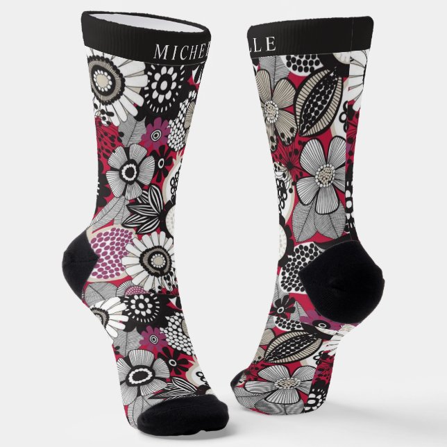 Custom White Black Red Floral Blume Socken (Gewinkelt)