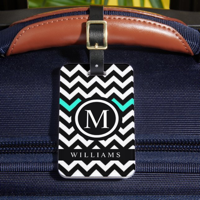 Custom White Black Türkise Zickzack Muster Gepäckanhänger (Vorderseite Insitu 2)