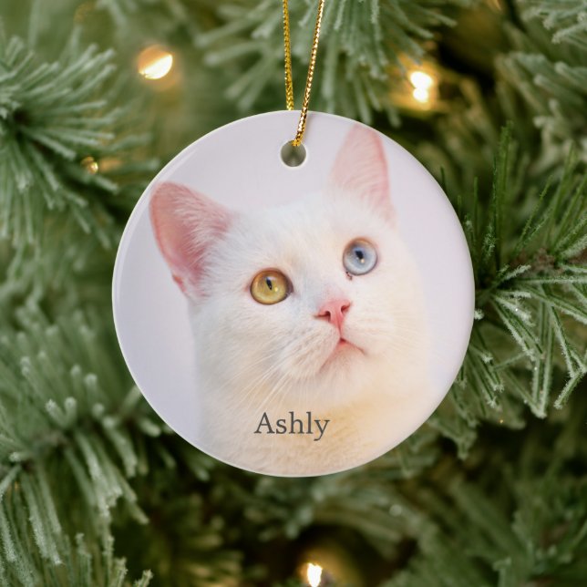 Custom White Cat Foto Personalisiert Keramik Ornament (Baum)