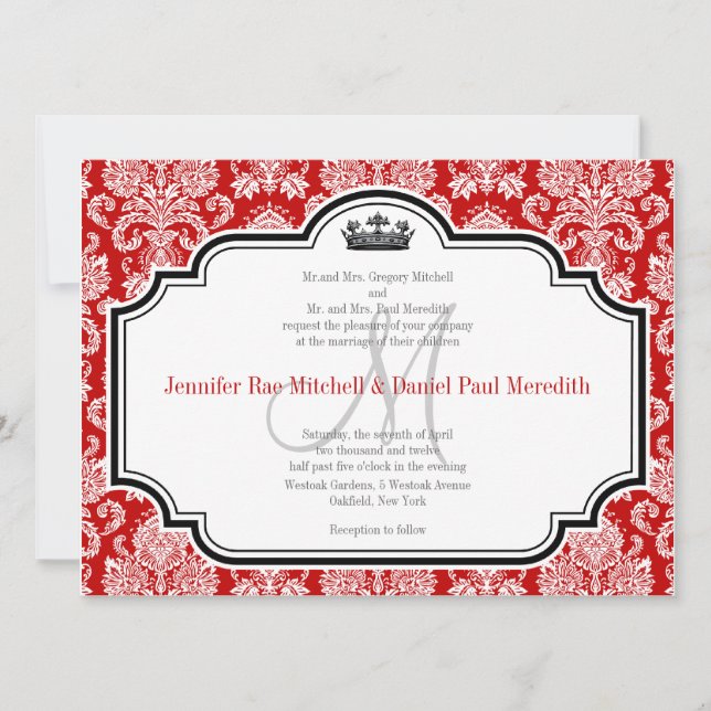 Custom White Damask Red Black Wedding Einladungen (Vorderseite)
