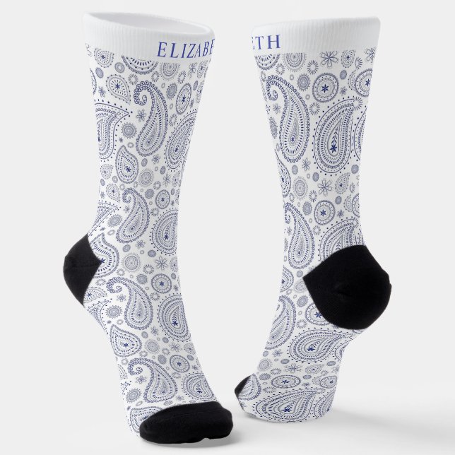 Custom White Dark Navy Blue Paisley Muster Socken (Gewinkelt)