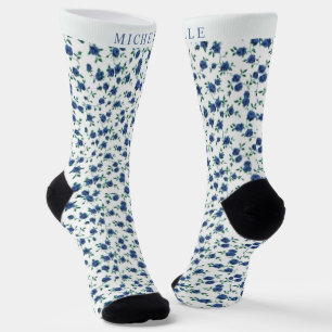 Custom White Floral Light Dunkel Blue Blume Socken