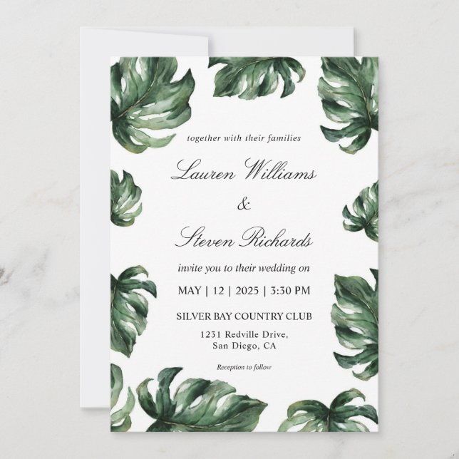 Custom White Green Elegant Palm Blätter Hochzeit Einladung (Vorderseite)