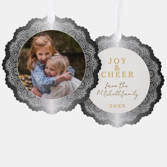 Custom White Mandala Wreath on Imitats Silver Ornament Karte (Vorderseite/Rückseite)