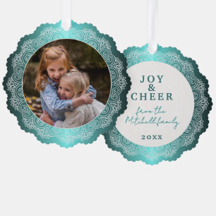 Custom White Mandala Wreath on Ocean Blue Ornament Karte